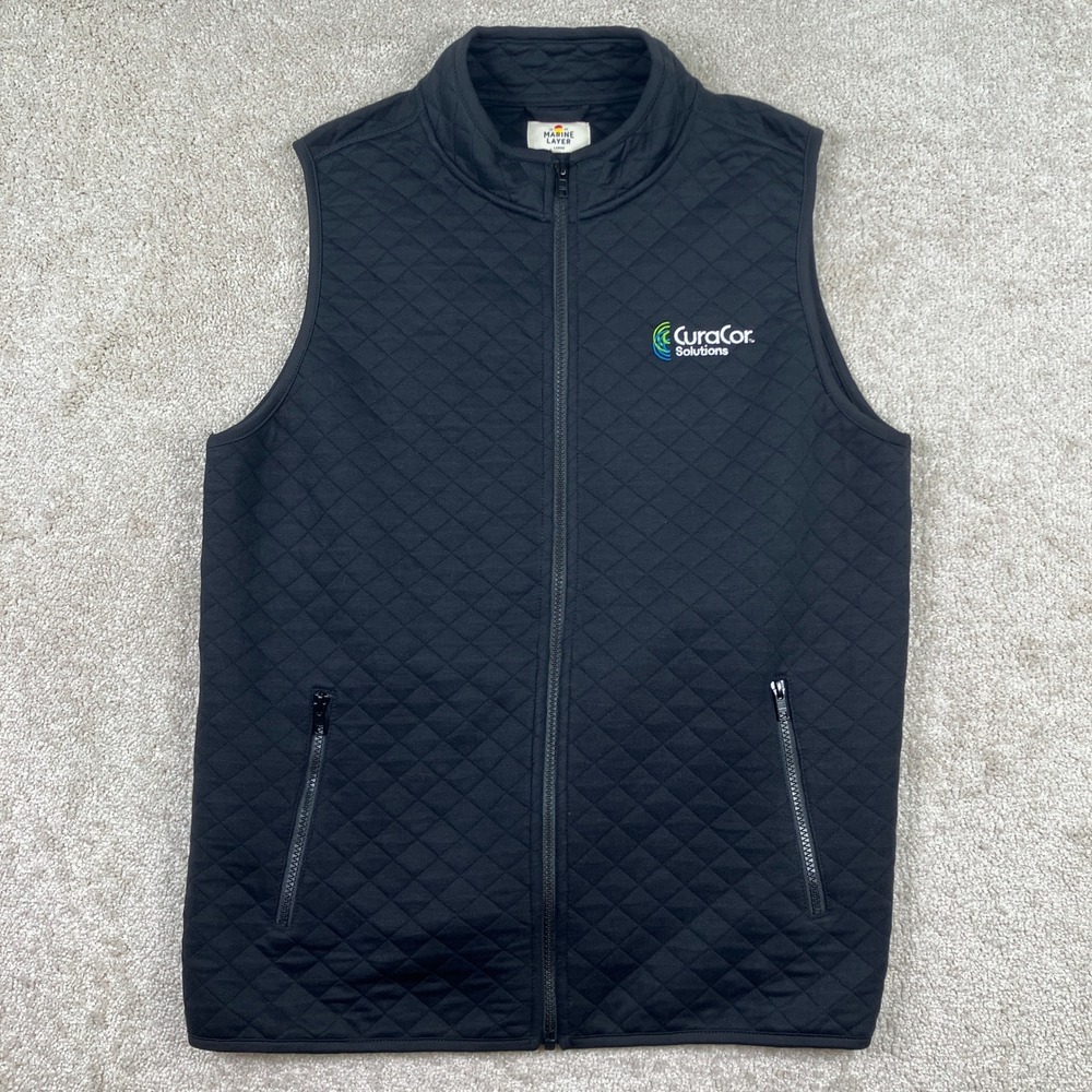 Marine Layer Mens Large Vest Black Quilted Full Zip CuraCor Solutions Logo
